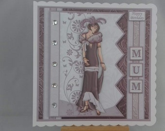 Birthday card for women female her open - Mother&#39;s Day card - classic art deco lady - handcrafted 3D decoupage