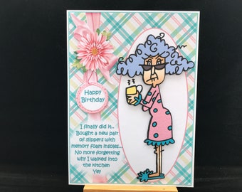 Funny birthday card women female older mum wife sister sister-in-law grandma auntie aunt friend neighbour - Stella and her new slippers