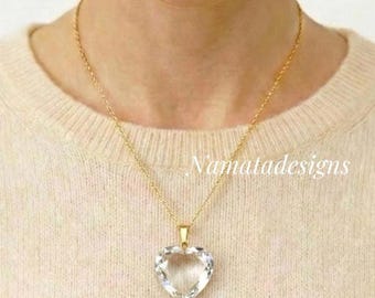 Natural Gold Crystal Heart Pendant Necklace, Birthstone Earrings Gift, Crystal Quartz Jewelry, Clear Crystal Pendant,  Gift For Her Birthday