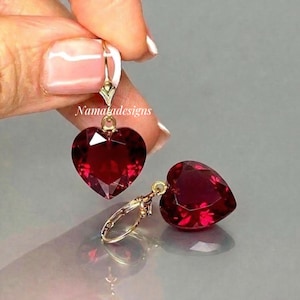 Red Ruby Heart Earrings in Gold Or Silver, Faceted Deep Red Gemstone Dangle Earrings, Elegant Romantic Jewelry Gift for Her