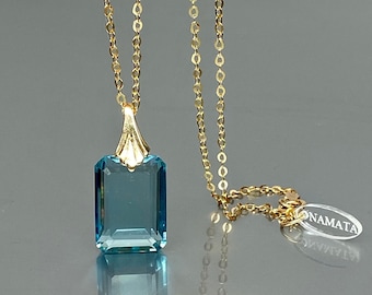 14K Gold Aquamarine Necklace: Emerald Cut Pendant, March Birthstone, Aquamarine Jewelry Gift.