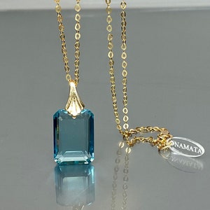 14K Gold Aquamarine Rectangle Necklace | March Birthstone Pendant | Aquamarine Jewelry Gift for Her | Minimalist Blue Stone Necklace