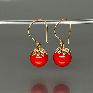 14K Gold Coral Sphere Earrings, Red Globe Earrings, Long Coral Dangle Earrings, Ball Earrings, Coral Jewelry Gift For Her.