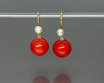 14K Gold Natural Red Coral And Pearl  Sphere Earrings, Small Earrings,  Globe Earrings, Ball Earrings, Coral Jewelry Gift For Her.