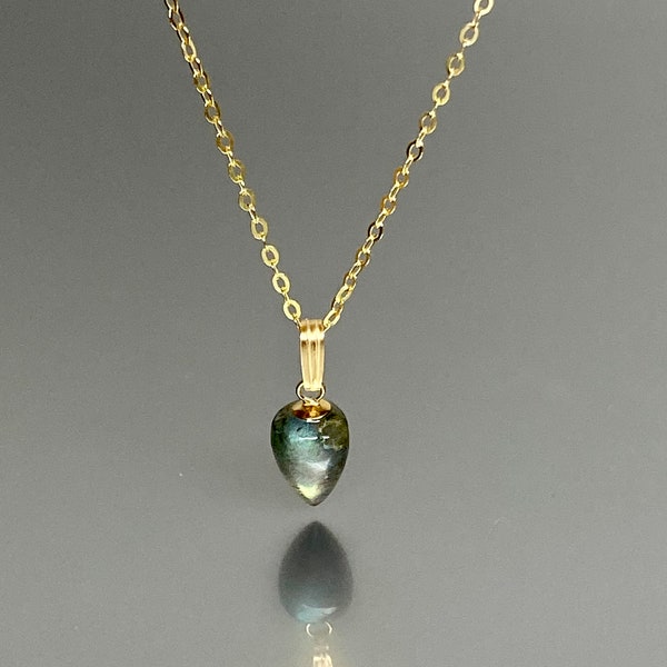 14K Gold Natural Green Fire Labradorite Necklace, Green Labradorite Pendant,  Layering Boho Necklace, Dainty Ncecklae Gift For Her