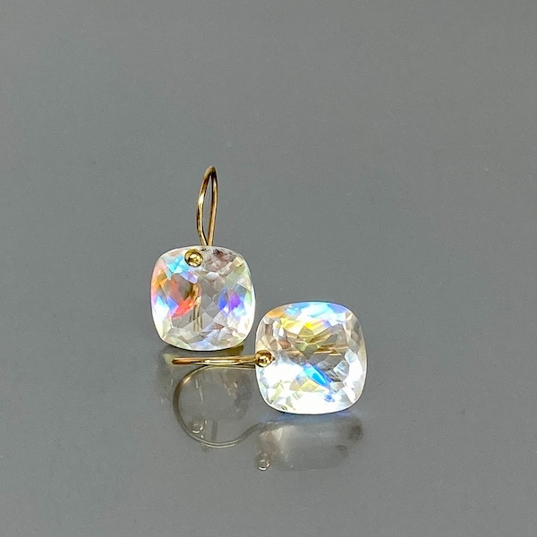 14K Solid Gold Rainbow Mystic Topaz Earrings (16 cts), Mercury Mystic Topaz, Mystic Topaz Jewellery Gift For Her.