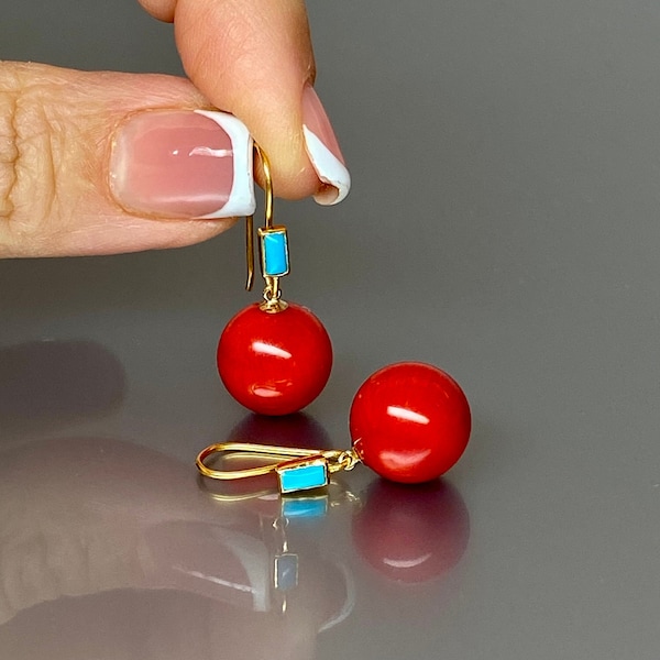 14K Gold Red Natural Coral And Arizona Turquoise Sphere Earrings, Small Earrings, Globe Earrings, Ball Earrings, Coral Jewelry Gift For Her.