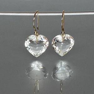 14K Gold Natural Rock Crystal Heart  Earring , Clear Heart Earrings,  Small Earrings, Pools Of Light