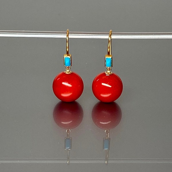 Pendientes de esfera de coral natural rojo de oro de 14K y pendientes de esfera turquesa de Arizona, pendientes pequeños, pendientes de globo, pendientes de bola, regalo de joyería de coral para ella.