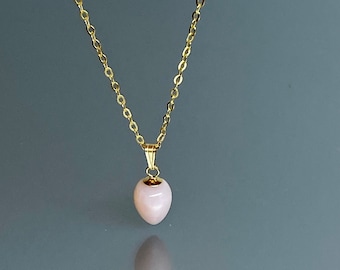 Collana con opale rosa naturale placcata oro 14 carati: ciondolo a goccia, pietra portafortuna di ottobre, piccola gemma