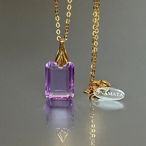 14K Gold Rectangle Kunzite Pendant Necklace (20 ct), Pink Stone Pendant Necklace, Long Necklace, Kunzite Jewelry Gift For Her.