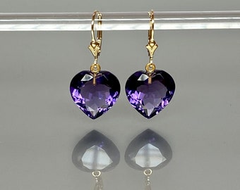 14k Gold Purple Amethyst Heart Earrings, February Birthstone, Drop Dangle Earrings, Small Heart  Earrings, Amethyst Jewelry  Gift For Her.