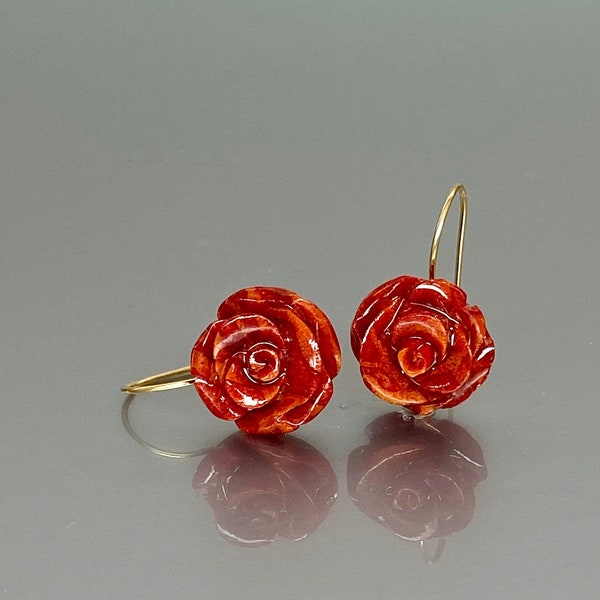 14K  Gold Natural Coral Flower Drop Earrings,  Carved Rose Coral Flower Earrings, Coral Jewelry Gift For Her,  Mothers Day Gift