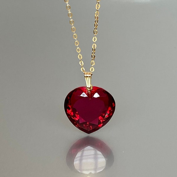 14K Gold Rubin Herz Halskette (27ct), großer Herzanhänger, rotes Herz Anhänger, Birthstone Halskette, Rubin Schmuck Geschenk für sie, Weihnachtsgeschenke