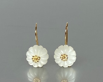 14K Gold White Moonstone Earrings, Hand Carved Flower Dangle Earring, June Birthstone Earring,Small Earrings, Moonstone jewelry Gift for her