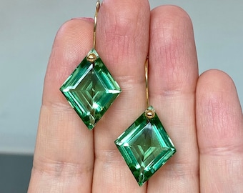 14K Gold Kite Green Amethyst Earrings: Prasiolite February Birthstone