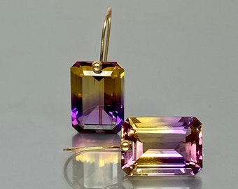 14K Gold Ametrine Earrings(32 ct), Statement Earrings, Bicolor Ametrine Earrings, Purple yellow Ametrine Earrings, Valentines Gifts