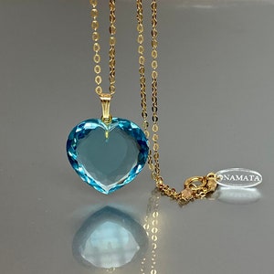 14K Gold Aquamarine Heart Pendant Necklace (28ct), Large Heart Pendant Necklace, Aquamarine Jewelry Gift For Her, Valentine's Gifts.