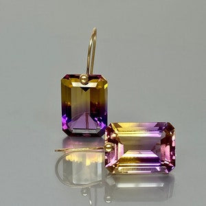 14K Gold Ametrine Earrings(32 ct), Statement Earrings, Bicolor Ametrine Earrings, Purple yellow Ametrine Earrings, Valentines Gifts