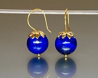 Lapis Lazuli Ball Earrings: 24K Gold Vermeil, Royal Blue Gemstone