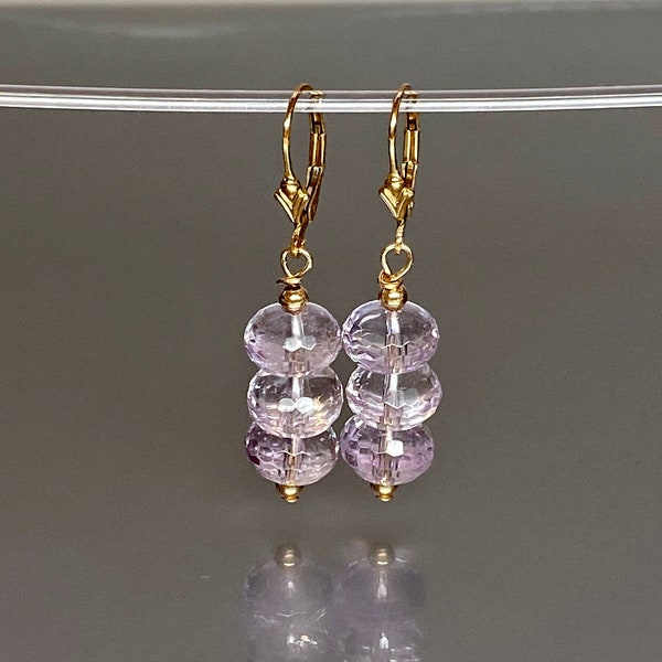14k Gold Natural Pink Amethyst Earrings, Long Pink Earrings earrings, February Birthstone, Pink Amethyst Jewelry Gift For Her.