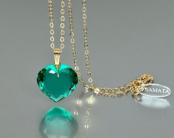 14K Gold Large Colombian Emerald Heart Necklace: Green Stone Pendant