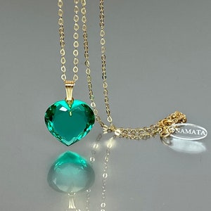 14K Gold Large Colombian Emerald Heart Necklace: Green Stone Pendant