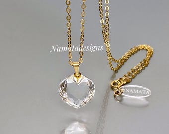 Natural Gold Crystal Heart Pendant Necklace, Birthstone Earrings Gift, Crystal Quartz Jewelry, Clear Crystal Pendant,  Gift For Her Birthday