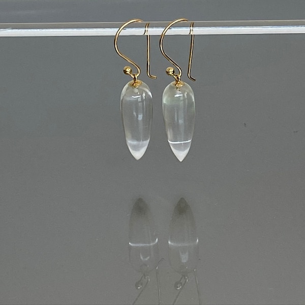 14K Solid Gold Crystal Quartz Earrings: Minimalist Teardrop Dangles