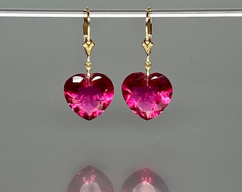 14K Gold Pink Tourmaline Heart Earrings, Heart Dangle Earrings, Small Heart Earrings, Rubelite Tourmaline Jewelry Gift For Her.