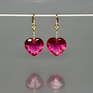 14K Gold Pink Tourmaline Heart Earrings, Heart Dangle Earrings, Small Heart Earrings, Rubelite Tourmaline Jewelry Gift For Her.