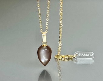 14K Gold Natural Grey Moonstone Necklace: Teardrop Pendant, June Birthstone Jewelry