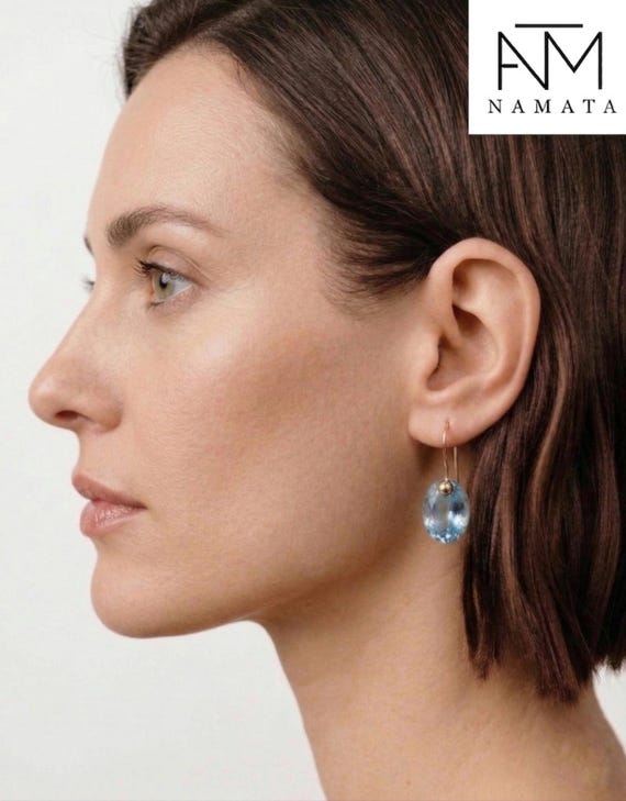 14K Gold Aquamarine Dangle Earrings: March Birthstone, Sky Blue Jewelry.