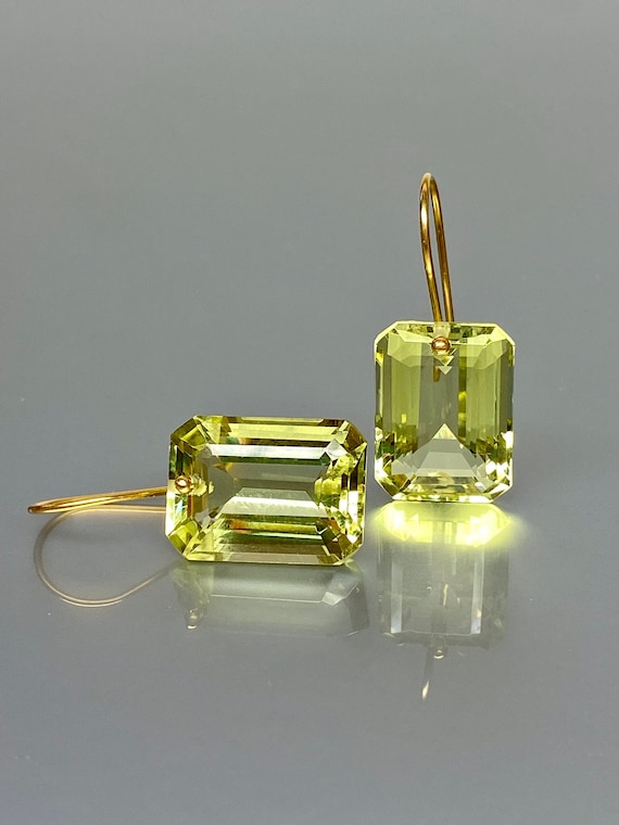 14K Gold Rectangle Lemon Quartz Drop Earrings,  Lemon Quartz Jewelry, Lemon Citrine Earrings, November Birthstone Gift For Her.