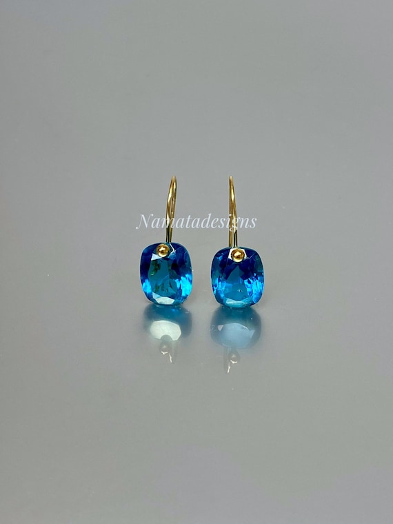 14K/18K Gold London Blue Topaz Dangle Drop Earrings • Cushion Cut Blue stone Earrings  Minimalist Dangle Earrings • Gift for Her