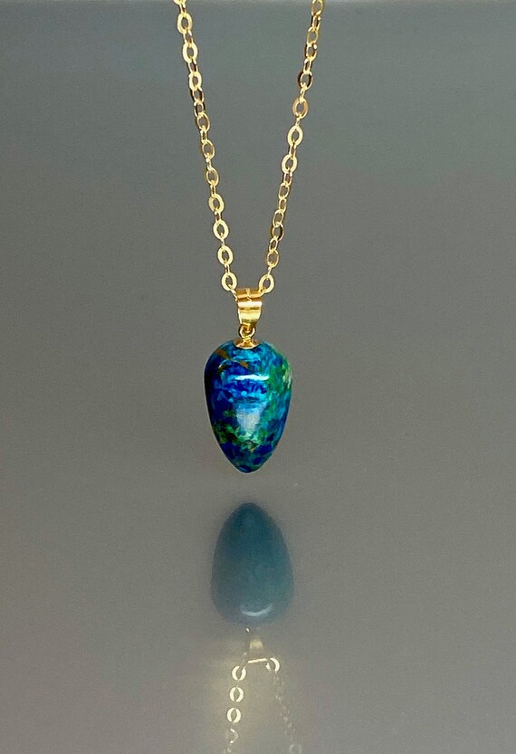 Chrysocolla Pendant Necklace: 14K Gold-Filled Chain, Natural Gemstone, Teardrop Pendant