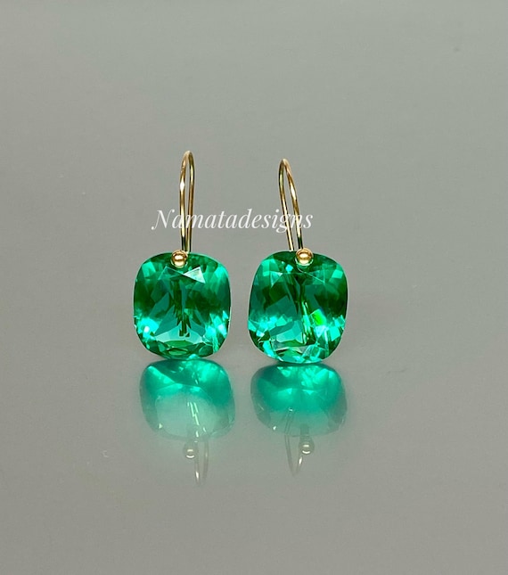 14K/18K Gold Colombian Emerald Dangle Drop Earrings, Green stone Earrings, Statement Earrings, Emerald Jewelry, October Birthstone.