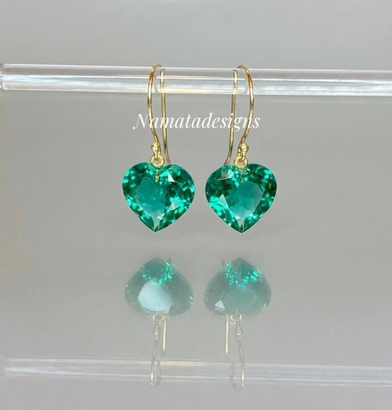 14K/18K  Gold Colombian Emerald Heart Earrings, October Birthstone Gift, Emerald Jewelry  For Her