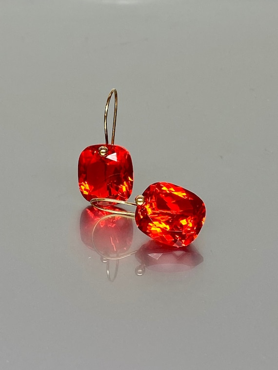 14K Gld Fire Opal Regtangle  Earrings (28 ct), Mexican Opal Dangle  Earrings, October Birthstone, Orange Stone Earrings, Opal Jewelry Gift.