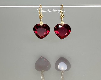 14K / 18K Gold Ruby Heart Drop Earrings, Red Heart Dangle Earrings, July Birthstone Jewelry, Romantic Ruby Gift for Her