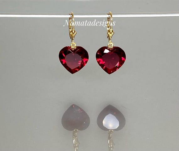14K / 18K Gold Ruby Heart Drop Earrings, Red Heart Dangle Earrings, July Birthstone Jewelry, Romantic Ruby Gift for Her