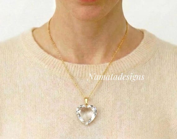 Natural Gold Crystal Heart Pendant Necklace, Birthstone Earrings Gift, Crystal Quartz Jewelry, Clear Crystal Pendant,  Gift For Her Birthday