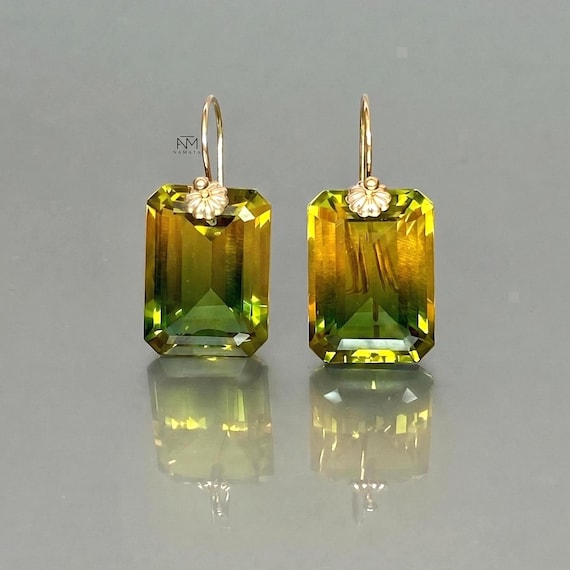14K Gold Rectangle Green Yellow Ametrine Earrings with Flower (32 ct), Bicolour Ametrine Earrings, Statement Earrings.