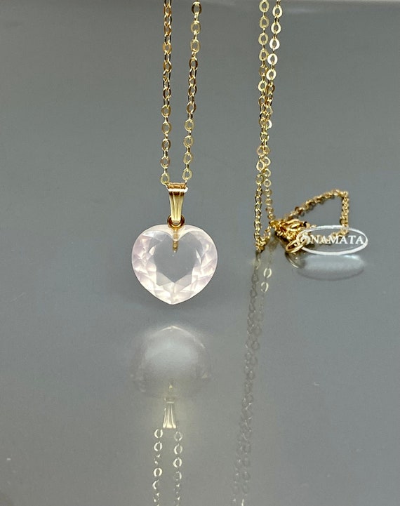 Rose Quartz Heart Necklace | 14K Gold Pendant | Pink Crystal Necklace | Heart Jewelry Gift for Her | Rose Quartz Pendant |  Gift For Her