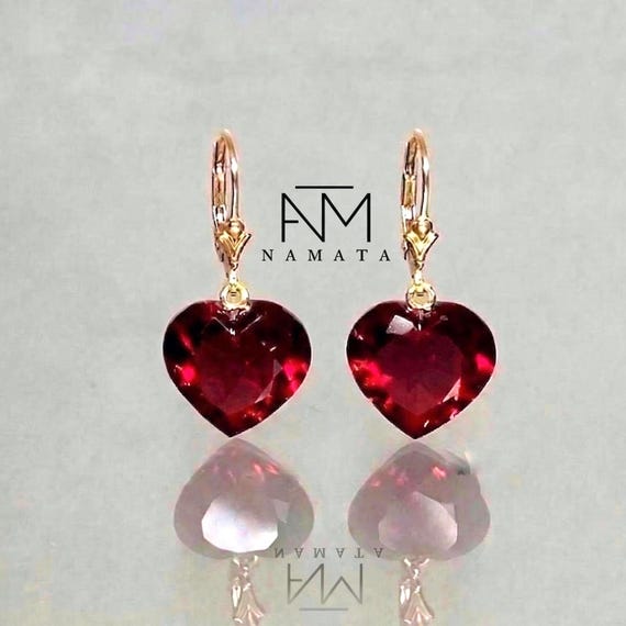 Red Ruby Heart Earrings in Gold Or Silver, Faceted Deep Red Gemstone Dangle Earrings, Elegant Romantic Jewelry Gift for Her