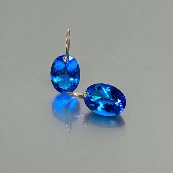 Swiss Blue Topaz Dangle  Earrings(28 ct), Blue Stone Oval Earrings, Blue Topaz Jewelry Gift