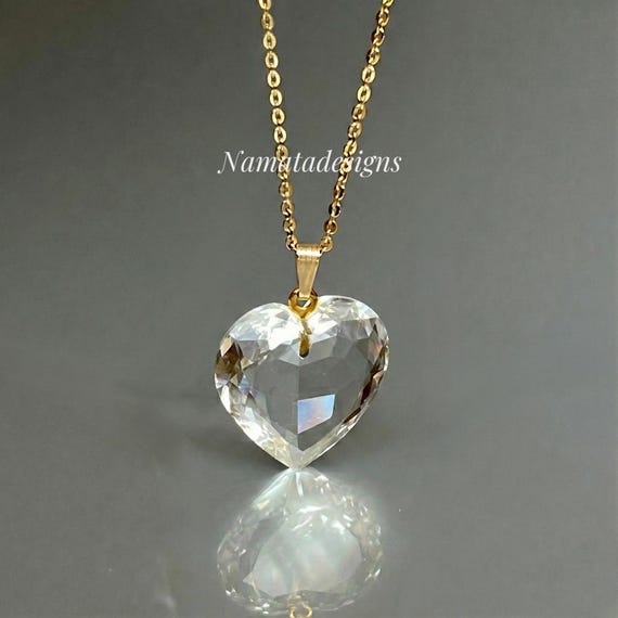 14K SOLID  GOLD Natural Crystal Heart Necklace, Clear Crystal Pendant, Rock Crystal Jewelry Gift For Her Birthday.