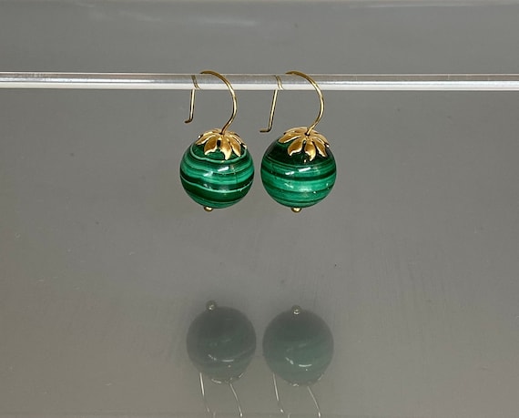 14K Gold Natural Malachite Ball Earrings, ONE OF A-KIND Earrings, Minimalist Earrings, Malachite Jewelry Gift For Her.