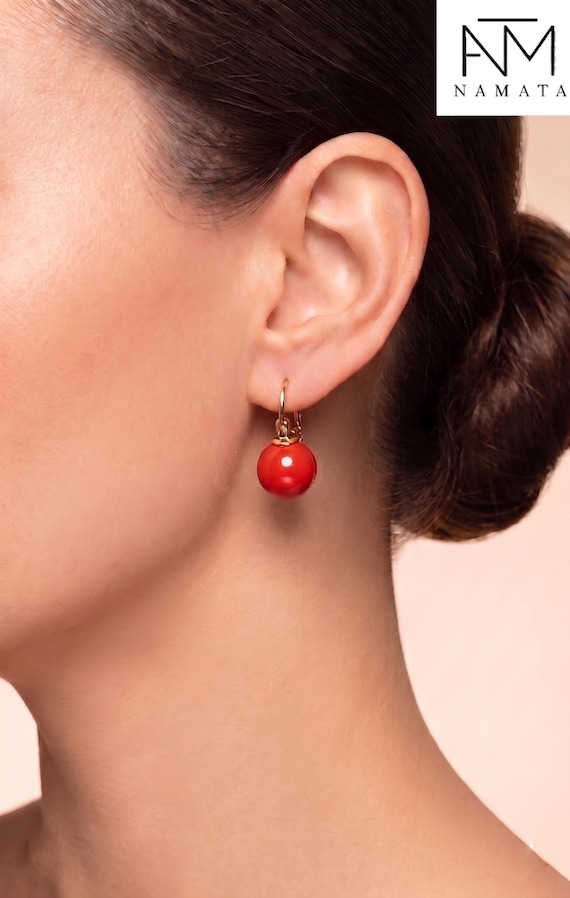 Natural Red Coral Sphere Hoop  Earrings, Red Globe Earrings, Ball Earrings, Coral Jewelry Gift For Her.
