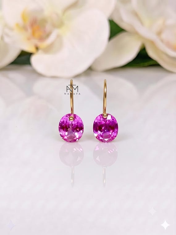 Pink Sapphire Dangle Earrings (12.5ct), Pink Oval Earrings, Sapphire Jewelry Gift For Her,  February Birthstone Earrings.